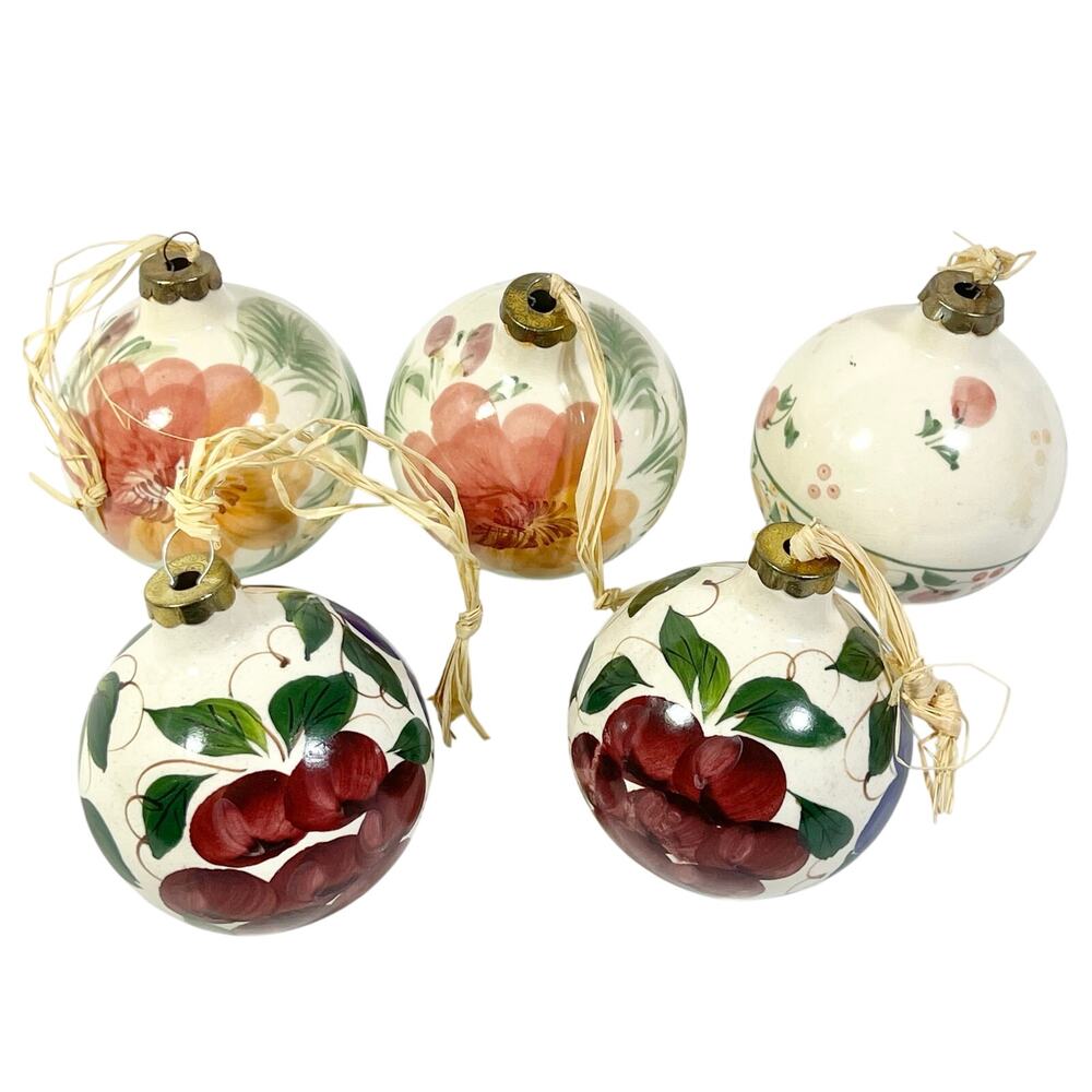 Hand Painted Ceramic Christmas Ornament Lot 5 Cream Floral Fruit Raffia Bow